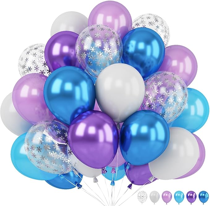Blue Purple Snowflake Balloons Set, 12 Inch Metallic Blue Purple Balloon Snowflake Confetti Latex Balloons Metallic Silver Girls Birthday Party Decoration for Children Winter Birthday Party Supplies