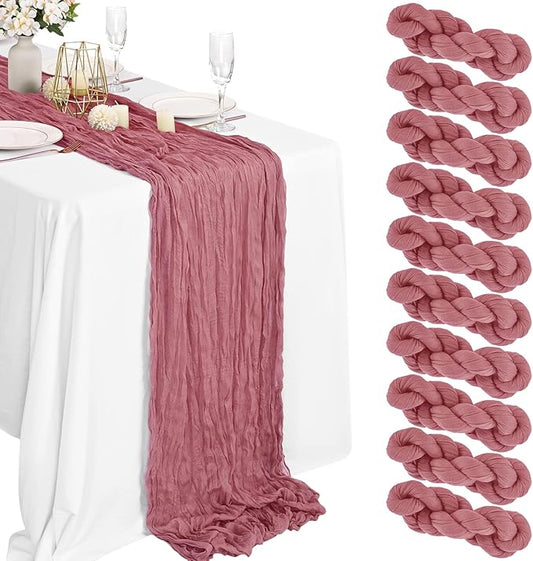 10 Packs Cheesecloth Table Runner Dusty Rose, 35x120 inch Dark Pink Rustic Gauze Boho Wedding Table Runner Decoration, Wedding Table Decor Table Cloth for Wedding Party Bridal Shower Table