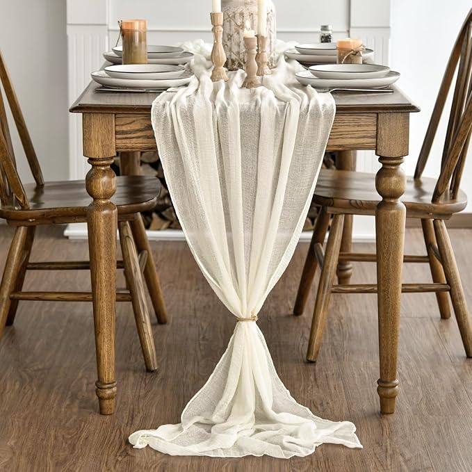 Artoid Mode Boho Cheesecloth Gauze Beige Wedding Table Runner, 120 Inch Seasonal Fabric Kitchen Dining Holiday Table Decor for Home Party Indoor