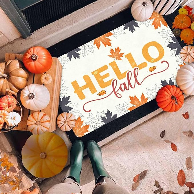 Thanksgiving Door Mat Hello Door Mat Fall Doormat, Fall Maple Leafs Doormat for Indoor Outdoor Entrance Floor Mats Non Slip Autumn Harvest Vintage Thanksiving Decor Rubber Welcome Mats, 24"x16"inch