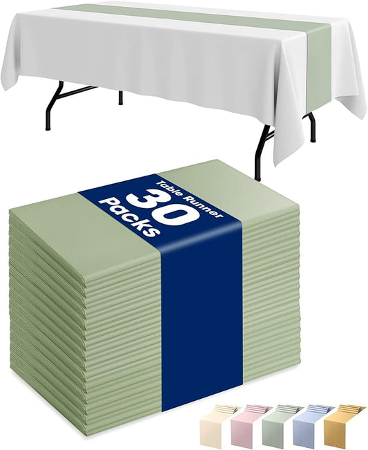 Pureegg Sage Green Plastic Table Runners - 30 Pack, 14'' x 108'', Water Resistant & Disposable Centerpiece Decorations for Table Cloth, Wedding, Birthday, Holiday, Baby Shower, Party, Home Decor