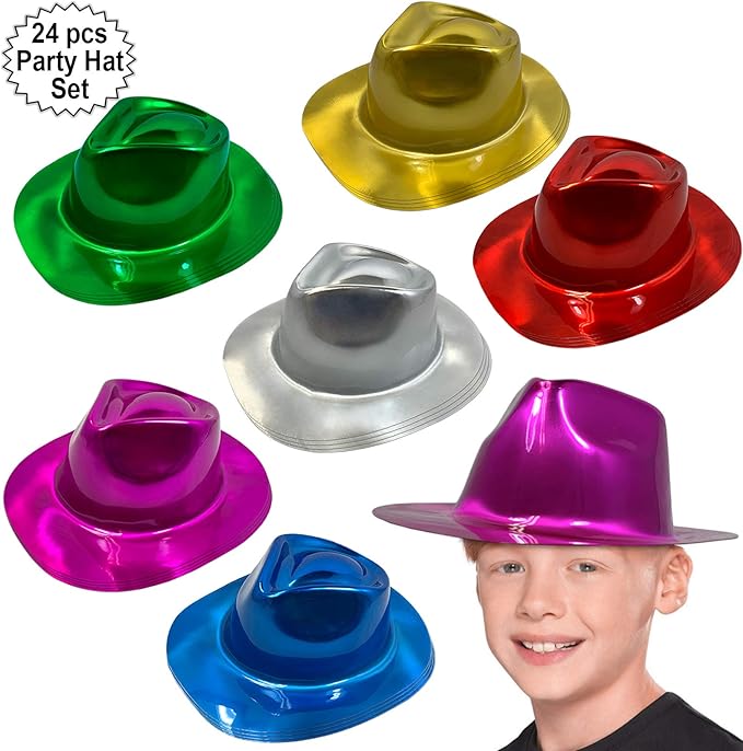 AnapoliZ Party Gangster Hats 24 pcs | New Year’s Celebration Hats | Metallic Colors Assorted | Plastic Fedora Party Hats for Kids, Adults | Costume, Dress Up, Photo Booth, Happy New Year Parties