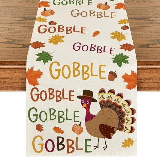 Artoid Mode Gobble Turkey Maple Leaves Thanksgiving Table Runner, Fall Autumn Harvest Kitchen Dining Table Decoration for Home Party Decor 13x60 Inch