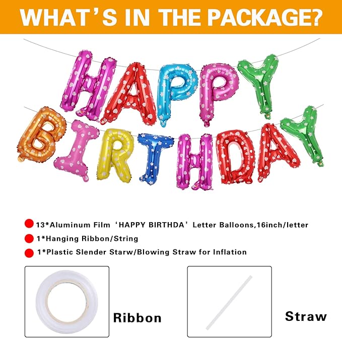 Accevo Colorful Happy Birthday Banner 16 inch Aluminum Foil Letters Balloons Heart Pattern Happy Birthday Balloon for Kids, Child, Adults, Boys & Girls Happy Birthday Sign Birthday Party Decorations