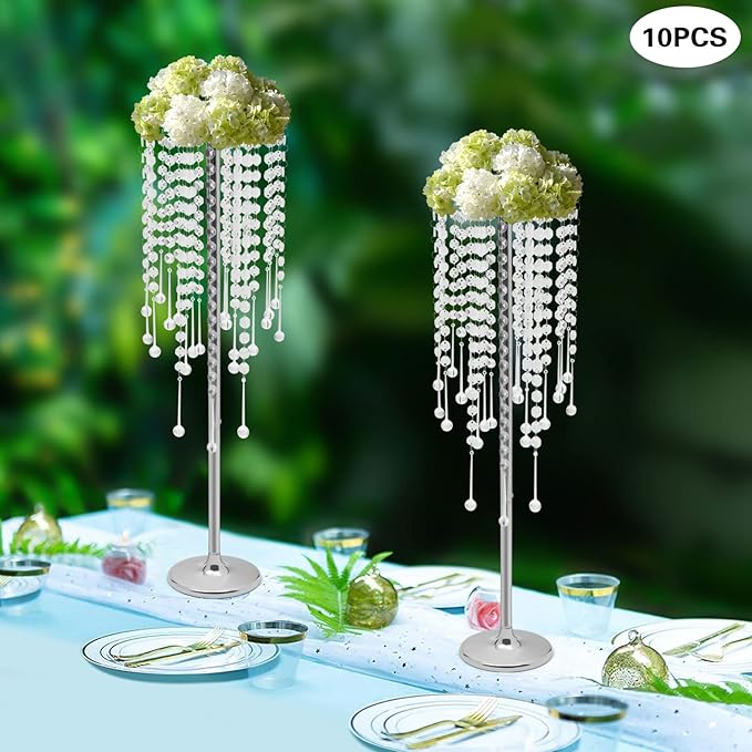 Wedding Centerpieces Silver Vases,10PCS Metal Flower Candle Holder with Sparkling Crystal Beads,Crystal Flower Vase Metal Flowers Stand for Party Tables Decorations (10PCS-Silver)
