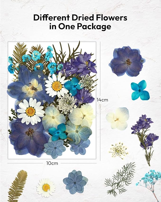 Dried Flowers, Resiners 100Pcs Pressed Flowers for Craft Blue Real Natural Dried Flowers Dry Leaves Kit for DIY Making Crafts Resin Soap Candle Scrapbook Supplies Card Making Jewelry