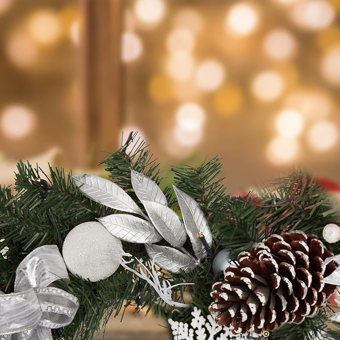 GarveeHome Christmas Garland with Lights for Mantle, 6 ft Battery Operated Silver White Xmas Garland with 20 LED Lights Timer Ribbon for Fireplace Stair Railing TV Stand Indoor Outdoor Holiday Decor