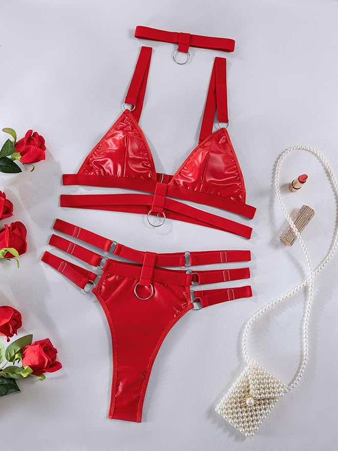 Lilosy Sexy Wireless Choker O Ring Linked Strappy Harness Lingerie Set Outfits 3 Piece