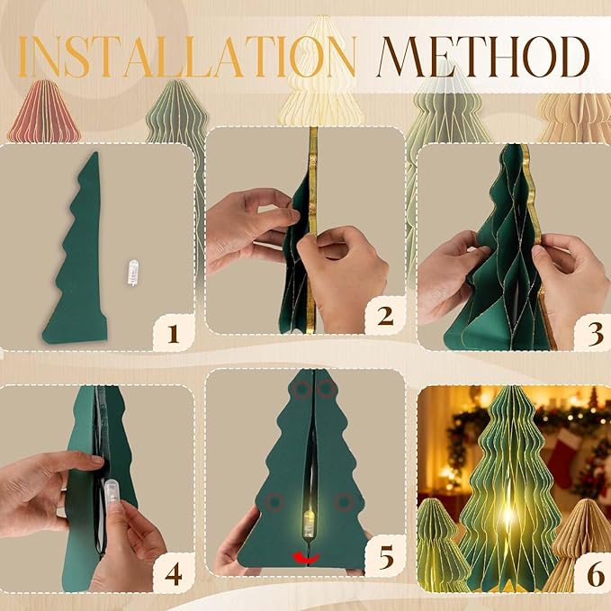 5Pcs Christmas Table Decorations Indoor, 3D Honeycomb Paper Christmas Trees, Light Up Green Red Beige Vintage Table Centerpieces for Christmas Winter Wonderland Holiday Party Home Decor, 8/10/12 Inch