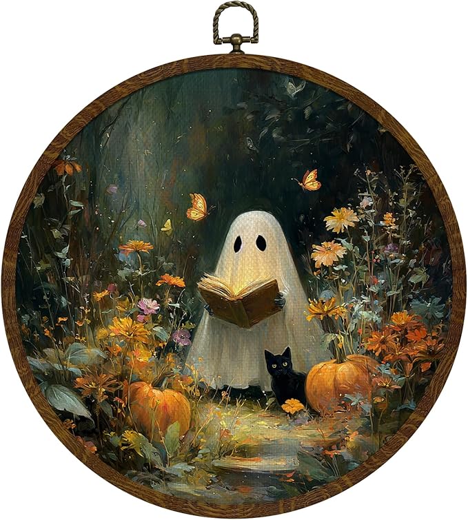 Funny Halloween Ghost and Black Cat Round Wall Art,Gothic Canvas Wall Hanging Decor, Spooky Farmhouse Vintage Round Wall Art for Bedroom Living Room Entryway, Rustic Ghost Gothic Wall Decor,Gift for Halloween 10Inch (Dark-Ghost03)