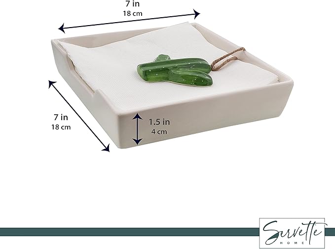 White Ceramic Lunch Napkin Holder with Roped Weight - Cactus
