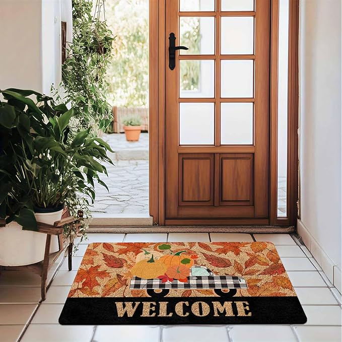 Welcome Fall Truck Door Mat, Vintage Fall Truck Decor for Covered Outdoor Area Pumpkin Welcome Mat for Autumn Halloween Thanksgiving Farmhouse Decor
