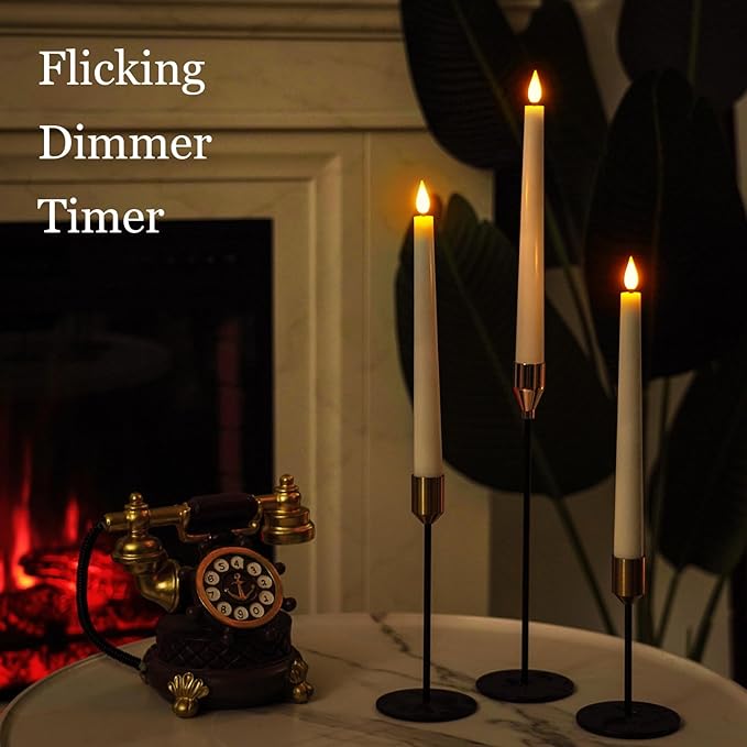 Homemory 12 Pcs Waxy Flameless Taper Candles with Remote, Led Flameless Candlesticks Classic Tall Candle, Flickering Battery Operated Taper Candles for Bedroom, Dining Room, White, 9.6 inches