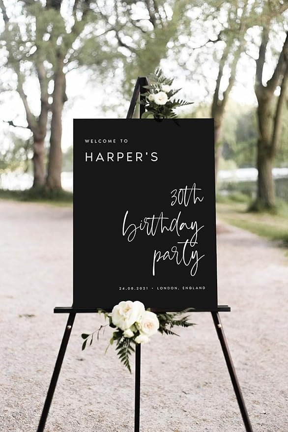 Modern Calligraphy Black Birthday Welcome Sign Template, Printable Dark Birthday Welcome Sign
