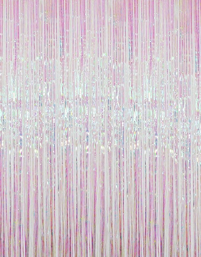 GOER 3.2 ft x 9.8 ft Metallic Tinsel Foil Fringe Curtains Party Photo Backdrop Party Streamers for Birthday,Graduation,New Year Eve Decorations Wedding Decor (4 Packs,Iridescent)
