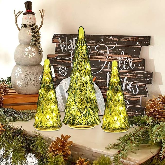 Christmas Decorations Indoor, YEAHOME Set of 3 Pre-lit Green Glass Christmas Tree for Home Decor, Christmas Table Decorations Lighted Xmas Tree with Timer for Living Room Mantel Tabletop Party