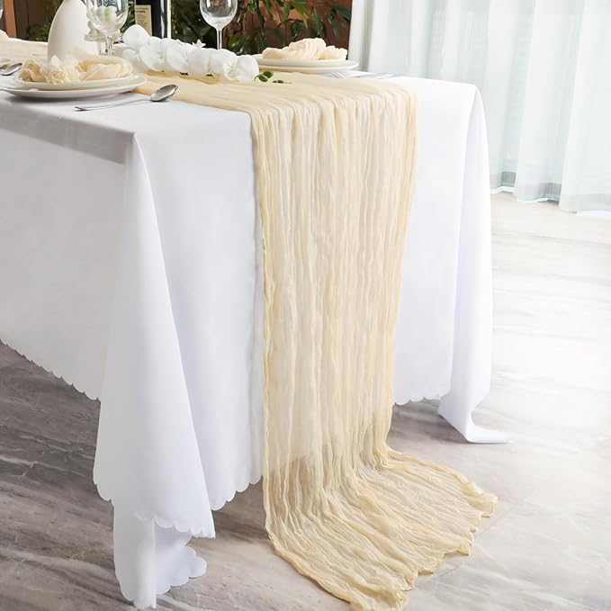 NESCCI 2 PCS Beige Table Runner,Rustic Boho Cheesecloth Table Runner,35x120 Inches Beige Runners for Tables, Pefect for Mothers Day Wedding Baby Shower Birthday Party Home Decorations