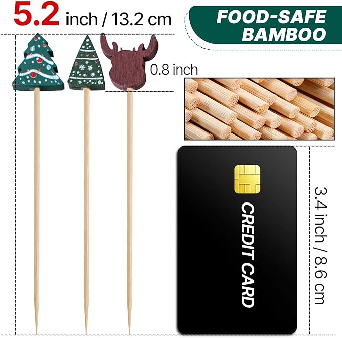 PuTwo Christmas Cocktail Picks 4.7 Inch 100pcs Bamboo Fancy Skewers Toothpicks for Appetizers Food Drink Fruit Sandwich BBQ Christmas Cocktail Party Charcuterie Boards Accessories Party Supplies