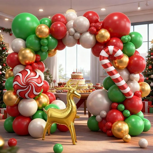 Christmas Balloon Arch Kit, Christma Green Red Sand White Gold Balloons, Candy Crutch Deer Foil Ballons for MerryChristmas Party Decorations Xmas Party Supply Birthday,Baby Shower