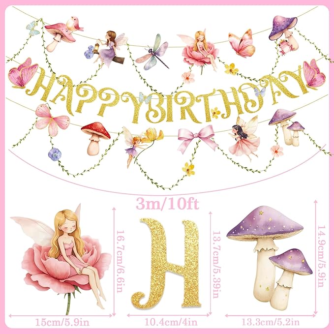 SUNBEAUTY Fairy Garden Birthday Banner Butterfly Mushroom Floral Party Decor for Girls Baby Shower, First Birthday, Summer Fall Theme Celebration, Outdoor Indoor Fairy Tale Decorations