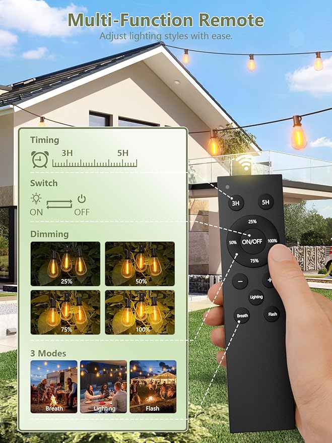 luckystyle 100FT Solar String Lights Outdoor Waterproof 2200K with Remote & USB Charging, 36+2 LED Shatterproof Bulbs, Dimmable & Timable, 3 Light Modes, Long Last for Garden,Patio, Backyard, Camping