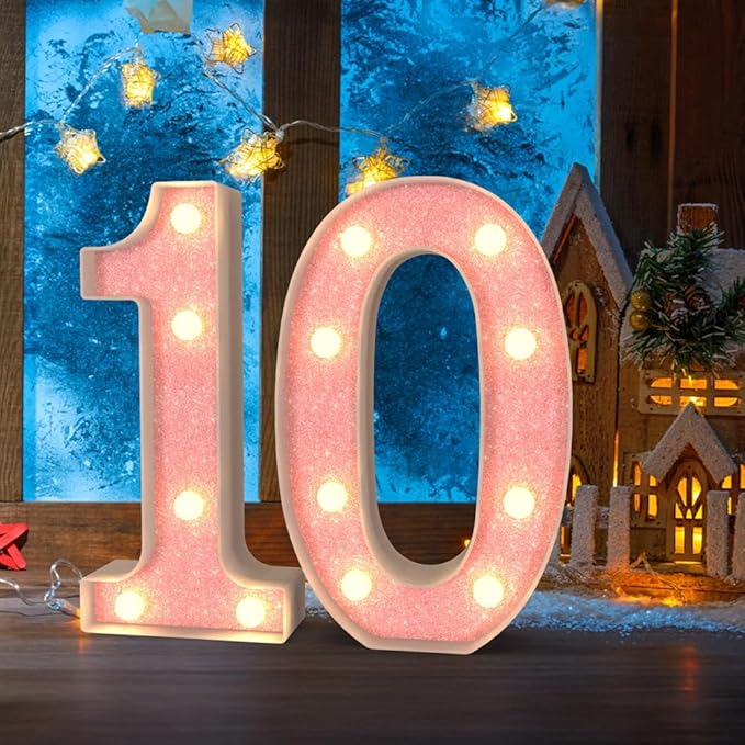 Marquee Light up Numbers 0-9, Battery Powered LED Light, Pink Glitter Plastic for 10th Birthday Decorations, Graduation Engagement Wedding Decor (Number 10)