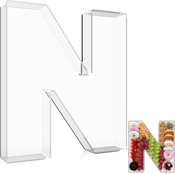 13.8" Extra Large Acrylic Letter Charcuterie Board Box, Reusable Fillable Letter Cake Candy Dish Display Serving Tray for Birthday Anniversary Party Decoration (N)