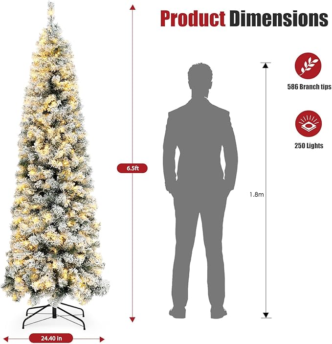 6.5ft Pre-lit Snow Flocked Pencil Christmas Tree Fir Hinged Slim Corner Xmas Tree Holiday Decoration with 250 Incandescent Warm White Lights & 586 Snow Branch Tips, White