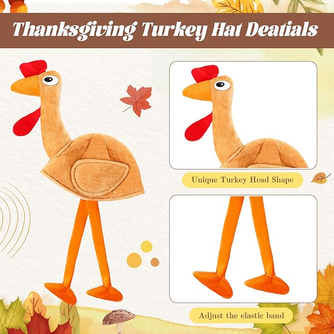 Hanaive 10 Pieces Thanksgiving Turkey Hats Bulk for Adults Turkey Costume for Dress-up Party Plush Turkey Hat Party Supplies