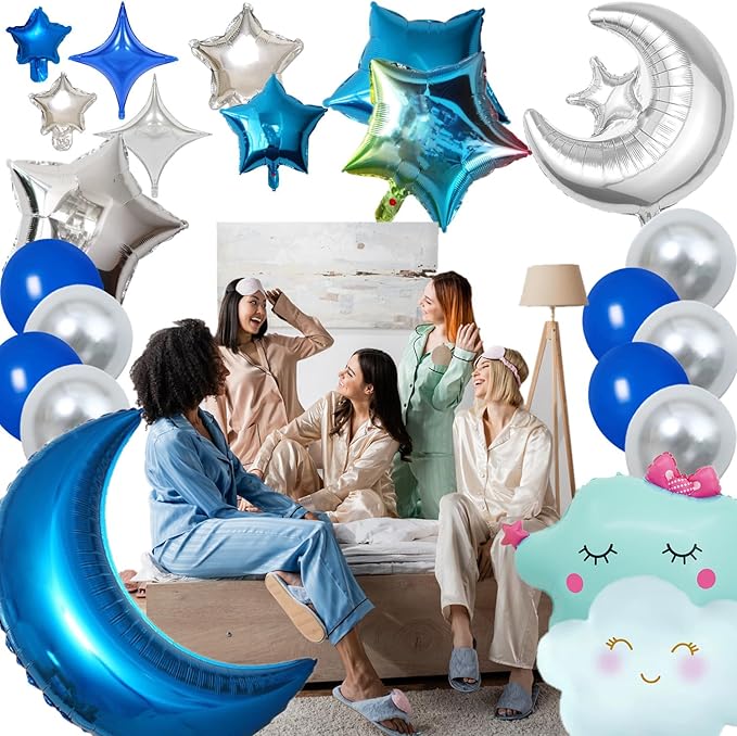 47 Pieces Sleepover Party Decoration Blue Sleepover Birthday Party Balloons Banner Cute Moon Star for Kids Boys Girls Pajamas Slumber Night Out Party Decoration (Black)