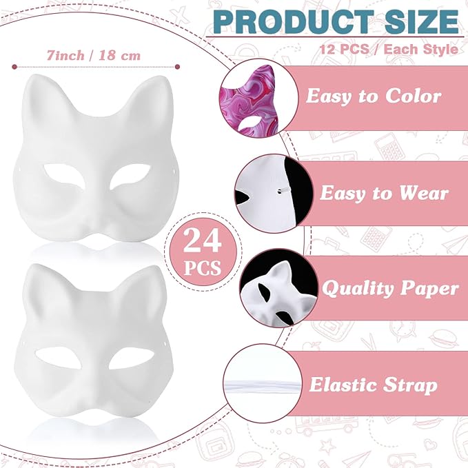 Leyndo 24 Pcs Paper Mache Masks Half Face White Masquerade Mask DIY Blank Mardi Gras Halloween Cosplay Party (Cat and Fox Style)