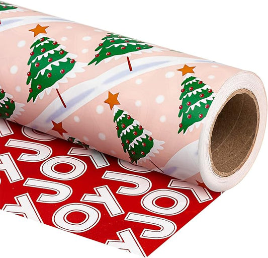 WRAPAHOLIC Reversible Christmas Wrapping Paper - Mini Roll - 17 Inch x 33 Feet - Christmas Tree Wrapping Paper with Joy Lettering Perfect for Holiday, Party, Celebration