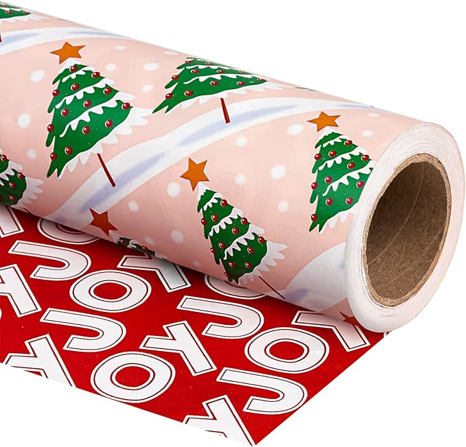 WRAPAHOLIC 30 Inch Jumbo Reversible Christmas Wrapping Paper - 30 Inch x 100 Feet Jumbo Roll Christmas Tree Wrapping Paper with Joy Lettering Perfect for Holiday, Party, Celebration