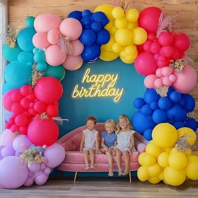 Hot Pink Blue Yellow Balloon Garland, Double Stuffed Royal Blue Fuchsia Pink Teal Lavender Balloons Pastel Lilac Yellow Balloon Arch Kit for Tropical Hawaii Aloha Luau Encanto Summer Party Decorations