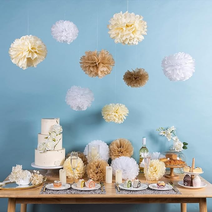 Boho Tissue Paper Pom Poms,Premium Champagne Neutral Party Decorations,Creamy White Light Brown Tissue Paper Flowers,for Wedding Birthday Engagement Receptions Boho Bridal Baby Showers Party Supplies
