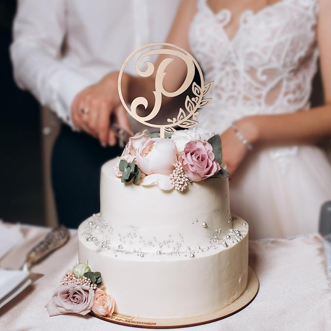 LINGTEER Personalized Inital Letter P Wooden Cake Topper Perfect for Birthday Rustic Wedding Anniversary Party Keepsake Decoration