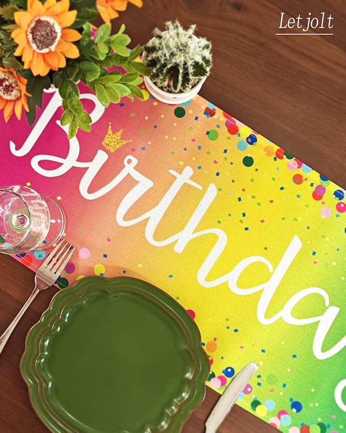 Letjolt Happy Birthday Table Runner 72 Inches Birthday Centerpieces for Tables Birth Day Party Sign Polka Dots Table Decoration, Rainbow