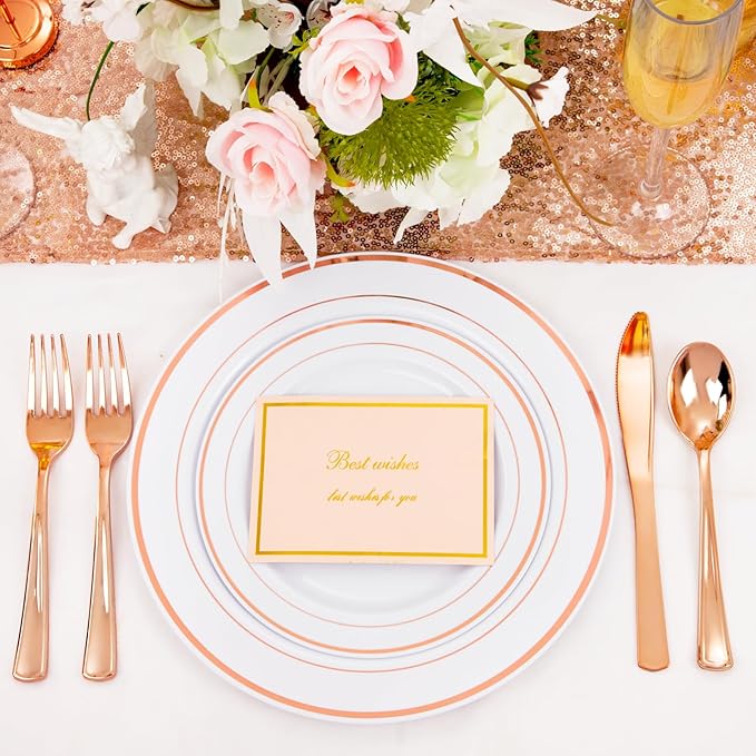FLOWERCAT 60PCS Rose Gold Plastic Plates - Heavy Duty Rose Gold Plates Disposable for Christmas Party/Wedding- Include 30PCS 10.25inch Dinner Plates and 30PCS 7.5inch Dessert Plates