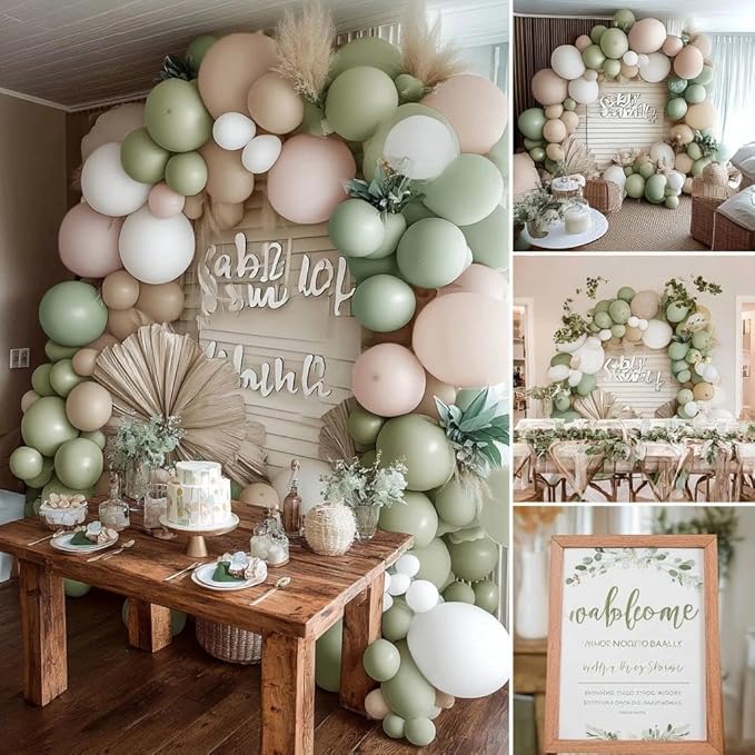Sage Green White Balloon Garland Double Stuffed Dusty Green Cream Sand White Beige Latex Neutral Balloons Arch Kit for Boho Baby Bridal Shower Birthday Wedding Baptism Decoration