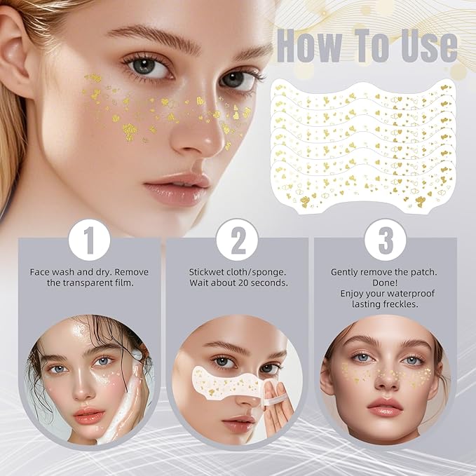 Glitter Freckles - Gold Glitter Freckles Face Tattoo, 6PCS Makeup Patches, Temporary Face Glitter, Faux Fake Freckles, Cute Face Jewels for Women and Girls, Water Transfer Face Glitter for Kids