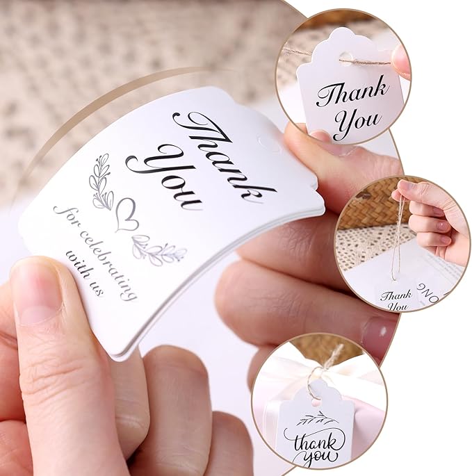 SallyFashion 100PCS Thank You Tags, 1.7 x 2.8 inch White Paper Gift Tags with Strings for Wedding Bridal Party Baby Shower Invitation