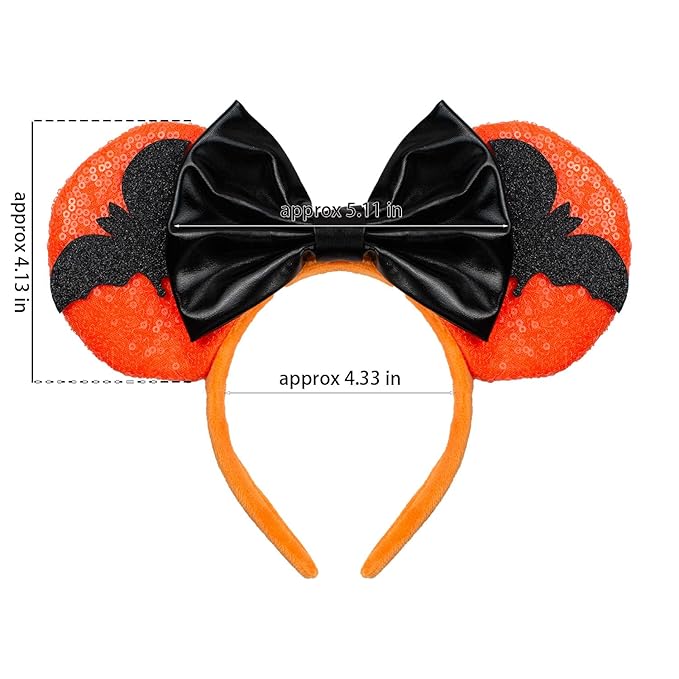 Halloween LED Mouse Ear Headband with Bats, Light Up Sequin Bow Hairband, Flashing Glowing Party Decoration Headwear Hair Accessories for Women Girls