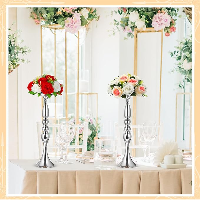 Rtteri 24 Pcs Metal Wedding Centerpiece Table Decoration Gold Flower Stand 20 Inch Tall Wedding Flower Vase Centerpieces for Reception Flower Arrangement Candle Holder Party Dinner Home Decor (Silver)