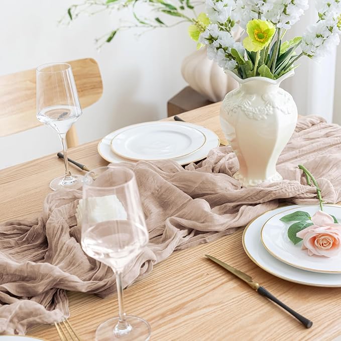 Asee'm 4pcs Cheesecloth Table Runner 120 Inches Long Nude Pink Boho Gauze Cheese Cloth Runner 10FT Rustic Sheer Table Runners for Christmas Wedding Party Baby Shower Spring Easter Decoration