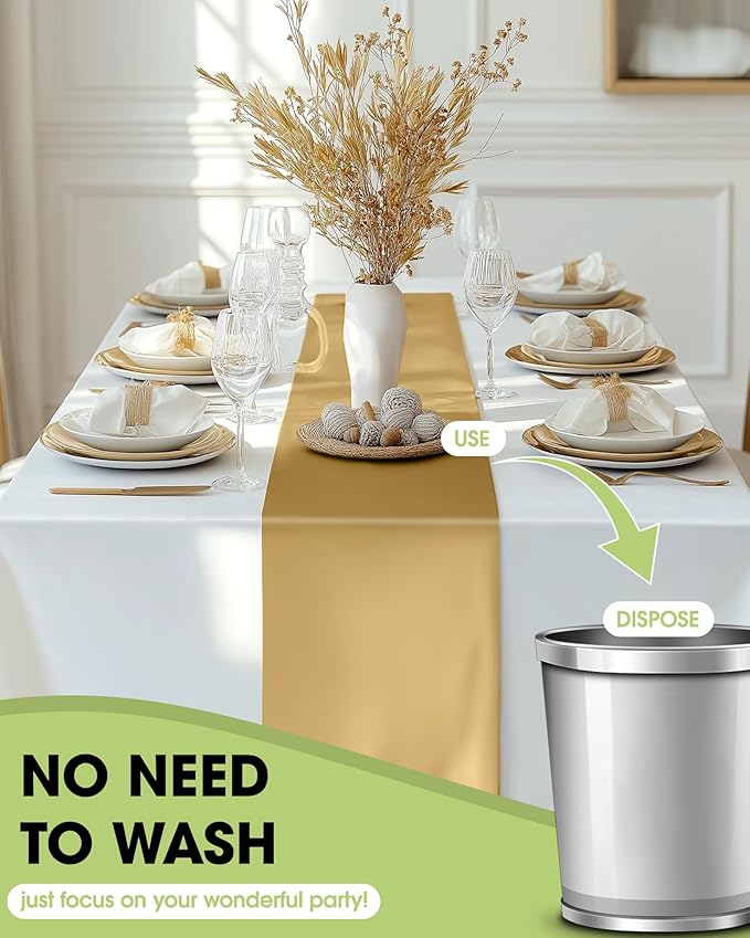 Pureegg Gold Plastic Table Runners - 12 Pack, 14'' x 108'', Water Resistant & Disposable Centerpiece Decorations for Table Cloth, Wedding, Birthday, Holiday, Baby Shower, Party, Home Decor