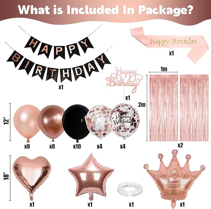 Rose Gold Birthday Decorations - Black & Rose Gold Balloons, Happy Birthday Banner, Sash, Cake Topper, Fringe Curtain & Foil Balloons for Girls' Party Supplies