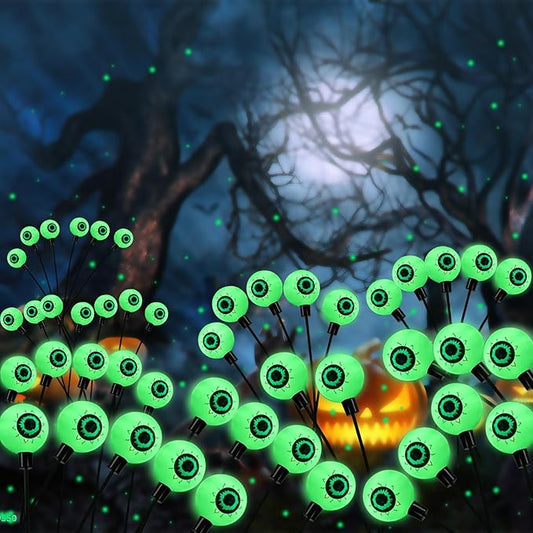 AIKEI Halloween Solar Lights - 4 Pack 24 LED Eyeball Outdoor Waterproof Firefly Decoration for Pathway, Patio, Yard, Garden, Party - Green
