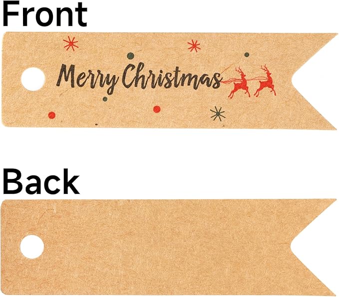 G2PLUS Small Merry Christmas Tags - 100Pcs Deer Kraft Paper Gift Tags with String for Gift Wrapping, Goodies Bags, Christmas Holiday Party Favors(2.8''x0.8'')