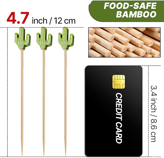 PuTwo Cocktail Picks Handmade Bamboo Toothpicks 100pcs 4.7” in Green Cacti
