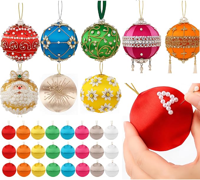 Syhood 24 Pcs 2.76 Inch Christmas Satin Balls Ornaments DIY Craft Foam Silk Christmas Ball Ornaments DIY Multicolor Yarn Xmas Tree Hanging Decoration for Xmas Tree Party Holiday Supplies